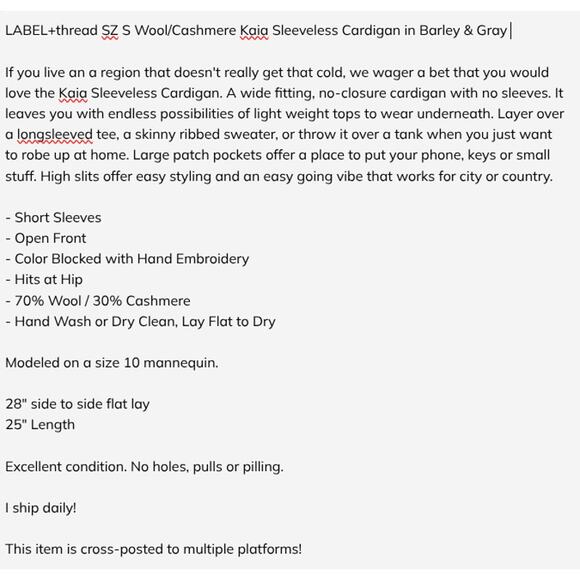 LABEL+thread SZ S Wool/Cashmere Kaia Sleeveless Cardigan in Barley & Gray $248 - Picture 7 of 7